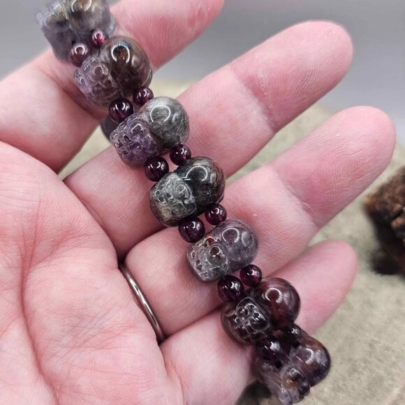 Nature Auralite 23 Hand Carved Pi Xiu Purple Garnet Feng Shui Bracelet - Picture 2 of 10